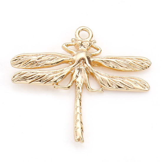 Imagen de Latón Insecto Colgantes Charms Libélula 18K Oro Real Chapado 25mm x 22mm, 2 Unidades