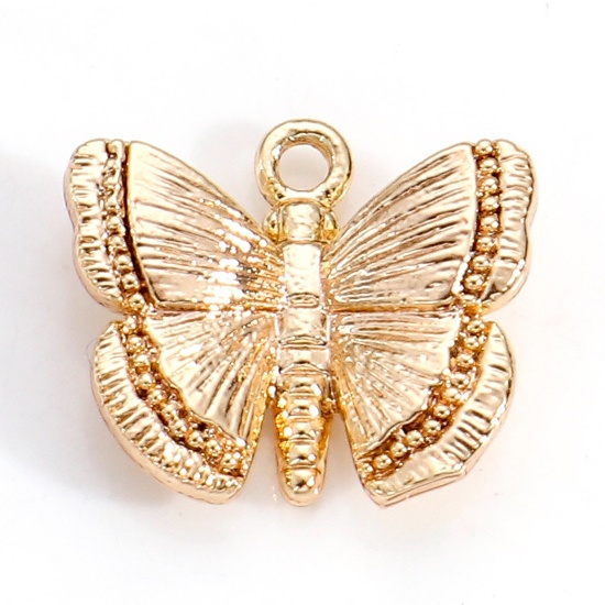 Imagen de Latón Insecto Colgantes Charms Mariposa 18K Oro Real Chapado 3D 12mm x 10.5mm, 2 Unidades