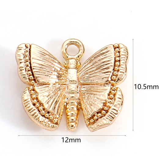 Imagen de Latón Insecto Colgantes Charms Mariposa 18K Oro Real Chapado 3D 12mm x 10.5mm, 2 Unidades