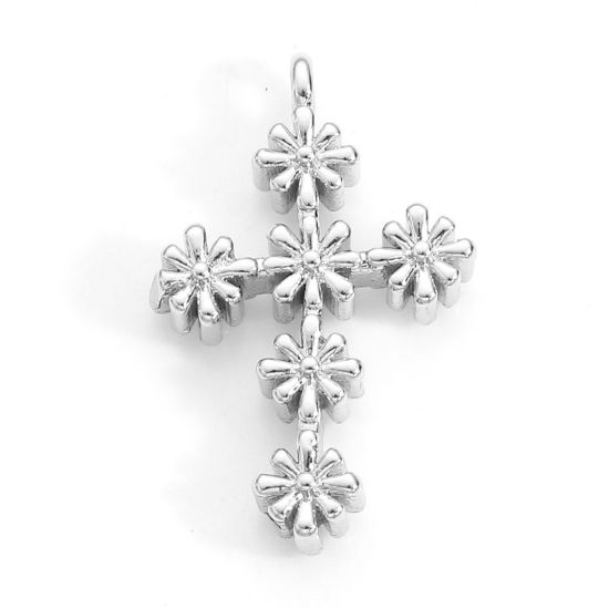 真鍮 宗教 チャーム クロス リアルプラチナメッキ 花 21mmx 13mm 2 個 の画像