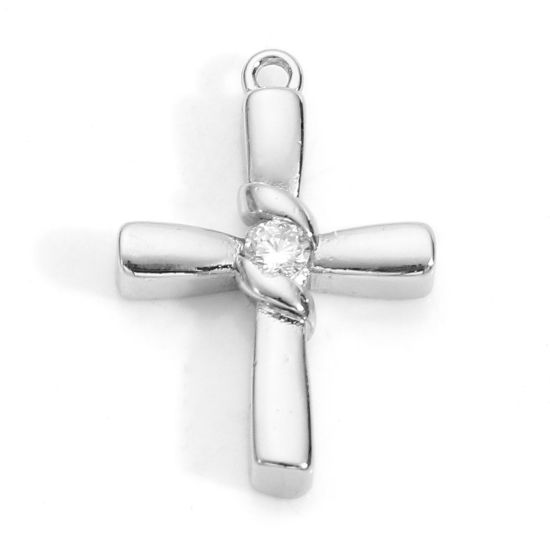 真鍮 宗教 チャーム クロス リアルプラチナメッキ クリアジルコン 21mmx 14mm 2 個 の画像
