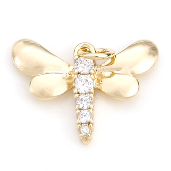 Bild von Messing Insekt Charms 18K Echtgold plattiert Libellen Klar Zirkonia 20mm x 18mm, 2 Stück
