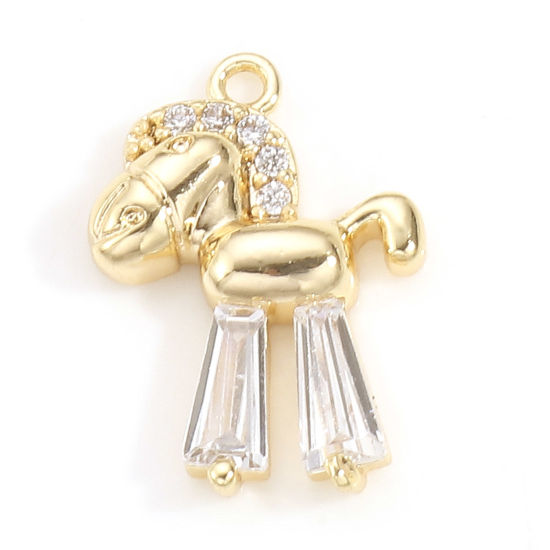 Imagen de Latón Colgantes Charms Caballo de madera 18K Oro Real Chapado Micro Pave Claro Circón Artificial 14mm x 10mm, 1 Unidad