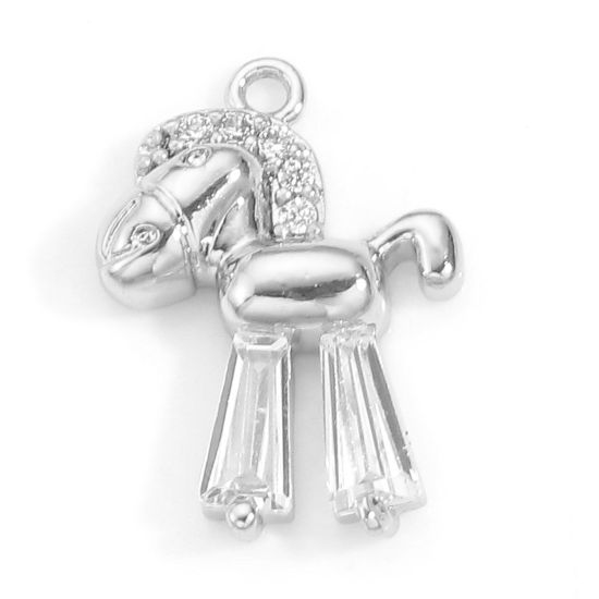 Imagen de Latón Colgantes Charms Caballo de madera Platino Real Chapado Micro Pave Claro Circón Artificial 14mm x 10mm, 1 Unidad