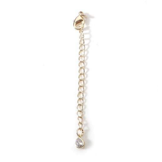Image de Chaînes d'Extension en Laiton Goutte d'Eau Plaqué Or Véritable 18K avec Fermoir Mousqueton à Zircone Cubique Clair 6.5cm, 2 Pièces