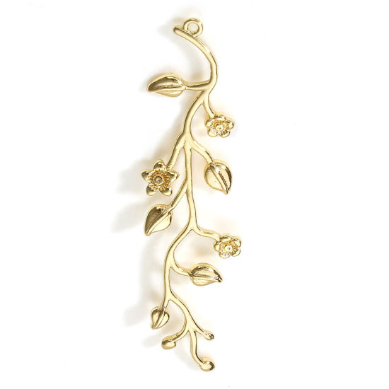Bild von Messing Anhänger 18K Echtgold plattiert Blume Blätter 3D 5.4cm x 1.6cm, 2 Stück