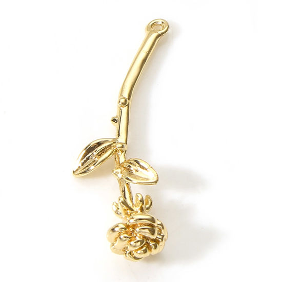 Bild von Messing Charms 18K Echtgold plattiert Blume Blätter Rose 3D 28mm x 11mm, 2 Stück