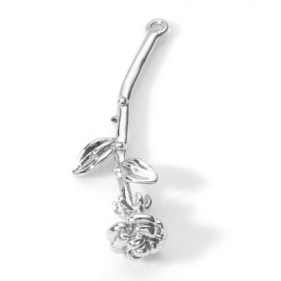 Bild von Messing Charms Echt Platin plattiert Blume Blätter Rose 3D 28mm x 11mm, 2 Stück