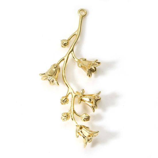Bild von Messing Anhänger 18K Echtgold plattiert Blume Blätter Maiglöckchen 3D 4.8cm x 1.9cm, 2 Stück