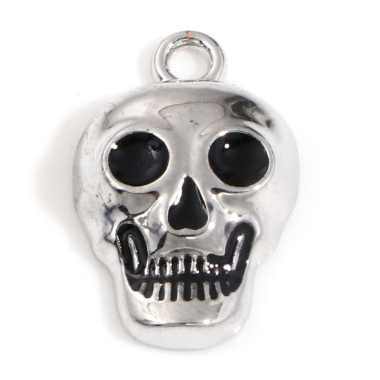 Immagine di Lega di Zinco Halloween Charms Tono Argento Nero Cranio Smalto 21mm x 13mm, 10 Pz
