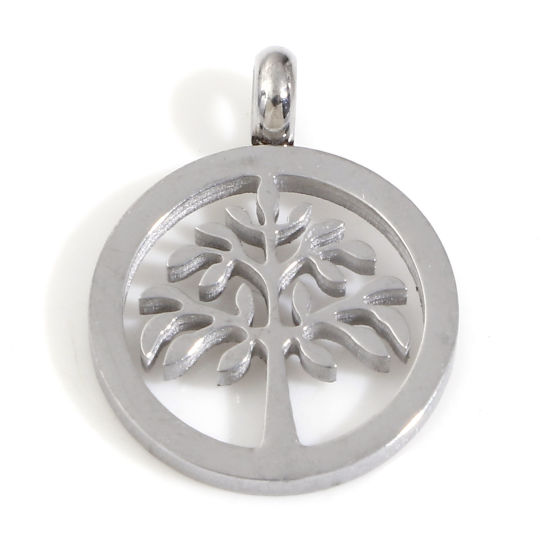 Bild von 2 Stück 304 Edelstahl Charms Rund Silberfarbe Lebensbaum Hohl 17mm x 13mm