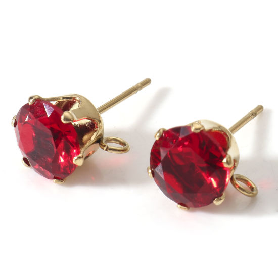 Picture of 2 PCs Eco-friendly PVD Vacuum Plating 304 Stainless Steel & Cubic Zirconia Ear Post Stud Earring With Loop Connector Accessories Round 18K Gold Plated Red 11mm x 8mm, Post/ Wire Size: (21 gauge)