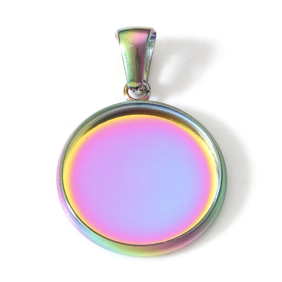 Image de 5 Pcs Pendentif Breloque en 304 Acier Inoxydable Placage sous Vide PVD Respectueux de l'Environnement Rond Plaqué de Couleur Arc-en-ciel Cabochon Rapportable (Convenable à 16mm Dia) 26mm x 18mm