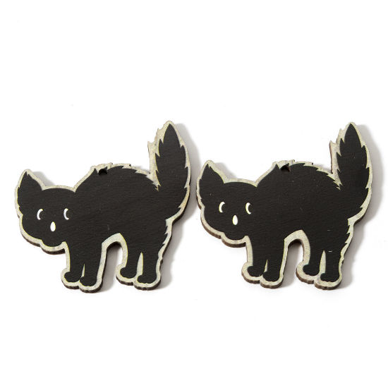 Image de Pendentifs Halloween en Bois Naturel Noir Chat 4.9cm x 4.8cm, 10 Pcs