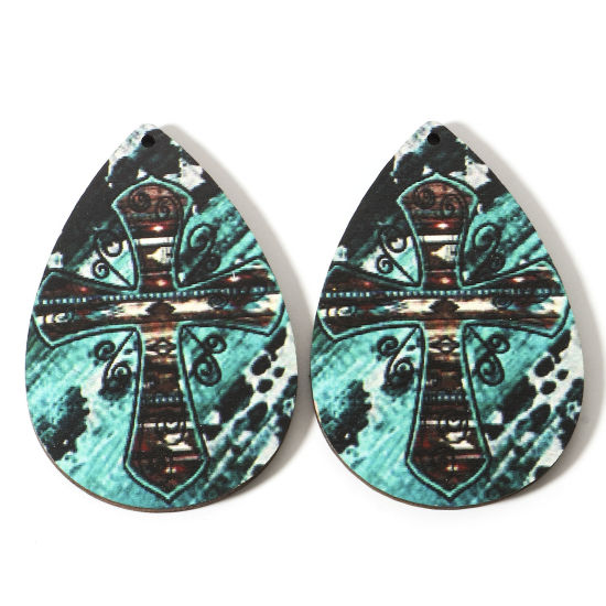 Image de Pendentifs Style Bohème en Bois Naturel Multicolore Goutte d'Eau Croix 6cm x 4cm, 10 Pcs
