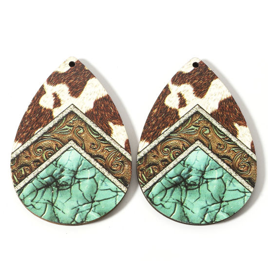 Image de Pendentifs Style Bohème en Bois Naturel Multicolore Goutte d'Eau Léopard 6cm x 4cm, 10 Pcs