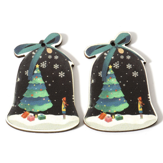 Image de Pendentifs Noël en Bois Naturel Multicolore Cloches Sapin de Noël 5.4cm x 3.8cm, 10 Pcs