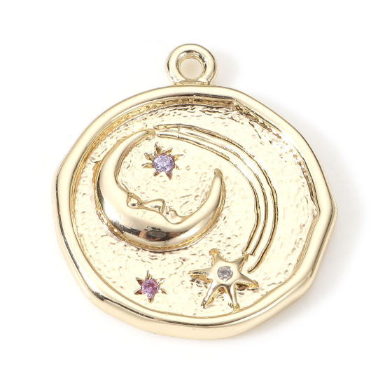 Picture of Brass Galaxy Charms 18K Real Gold Plated Irregular Moon Clear Cubic Zirconia 22mm x 19.5mm, 2 PCs
