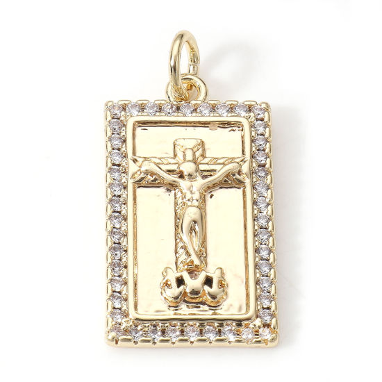 Picture of Brass Religious Charms 18K Real Gold Plated Rectangle Jesus Micro Pave Clear Cubic Zirconia 23.5mm x 12mm, 2 PCs
