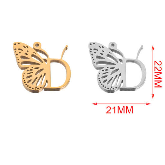 Immagine di 304 Acciaio Inossidabile Charms Tono Argento Farfalla Messaggio " D " 21mm x 22mm, 2 Pz