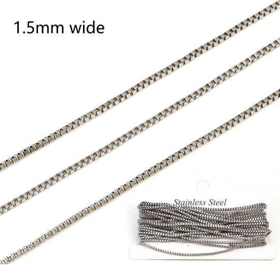 304ステンレス鋼 ボックスチェーン手作り DIY ジュエリーアクセサリー作りのパーツ シルバートーン 1.5mm、 1巻 (约 10メートル/卷) の画像