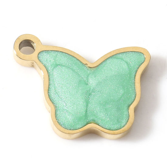 Imagen de 1 Unidad Enchapado al Vacío 304 Acero Inoxidable Colgantes Mariposa Chapado en Oro de 18K Verde Esmalte 11mm x 8.5mm