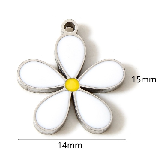304ステンレス鋼 フローラコレクション チャーム ペンダント フラワー シルバートーン 白 エナメル 15mm x 14mm、 1 個 の画像