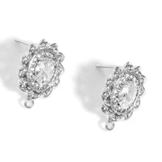 2 個 真鍮 イヤリング リアルプラチナメッキ 楕円形 クリア ジルコン ループ付き 15.5mm x 11mm、 ワイヤーサイズ: 0.7mm（21号）、 の画像