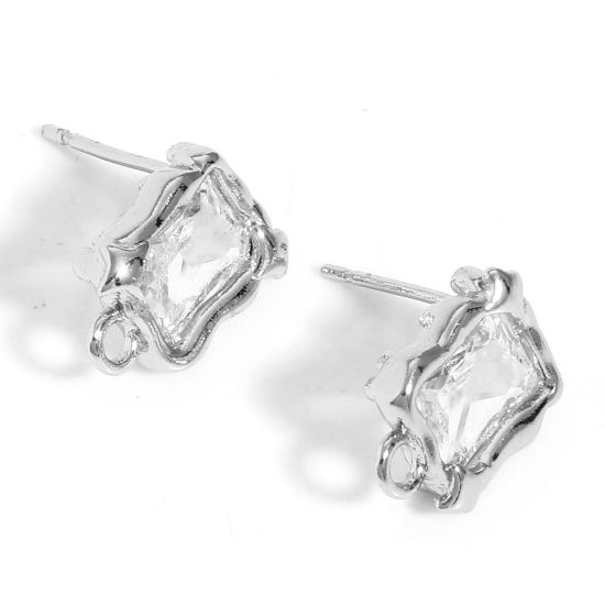 2 個 真鍮 イヤリング リアルプラチナメッキ 正方形 クリア ジルコン ループ付き 13mm x 9mm、 ワイヤーサイズ: 0.8mm（20号）、 の画像