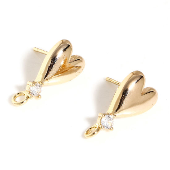 Picture of 2 PCs Brass Valentine's Day Ear Post Stud Earrings 18K Real Gold Plated Heart Clear Cubic Zirconia With Loop 18mm x 8.5mm, Post/ Wire Size: 0.8mm(20 gauge)