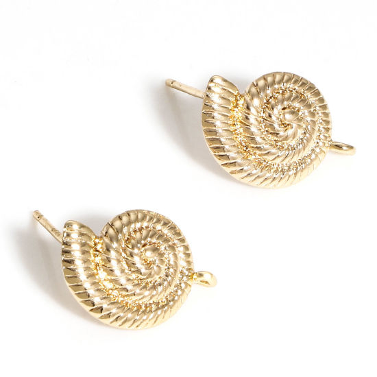 Picture of 2 PCs Brass Ocean Jewelry Ear Post Stud Earrings 18K Real Gold Plated Conch/ Sea Snail With Loop 16mm x 10.5mm, Post/ Wire Size: 0.7mm(21 gauge)