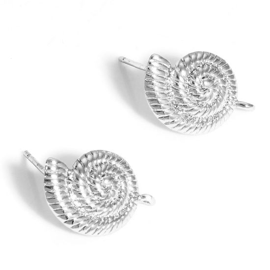 Picture of 2 PCs Brass Ocean Jewelry Ear Post Stud Earrings Real Platinum Plated Conch/ Sea Snail With Loop 16mm x 10.5mm, Post/ Wire Size: 0.7mm(21 gauge)