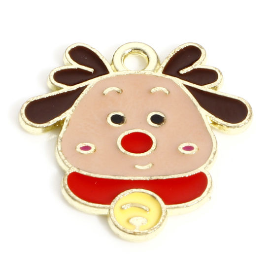Image de Breloques Noël en Alliage de Zinc Plaqué Or KC Multicolore Renne de Noël Émail 18.5mm x 18mm, 10 Pcs
