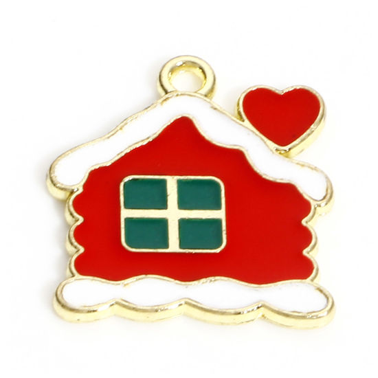 Image de Breloques Noël en Alliage de Zinc Plaqué Or KC Multicolore Maison de Village de Noël Cœur Émail 17mm x 15mm, 10 Pcs
