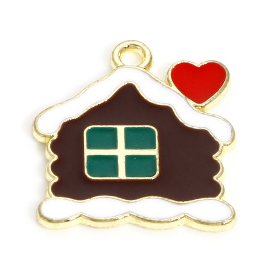 Image de Breloques Noël en Alliage de Zinc Plaqué Or KC Multicolore Maison de Village de Noël Cœur Émail 17mm x 15mm, 10 Pcs