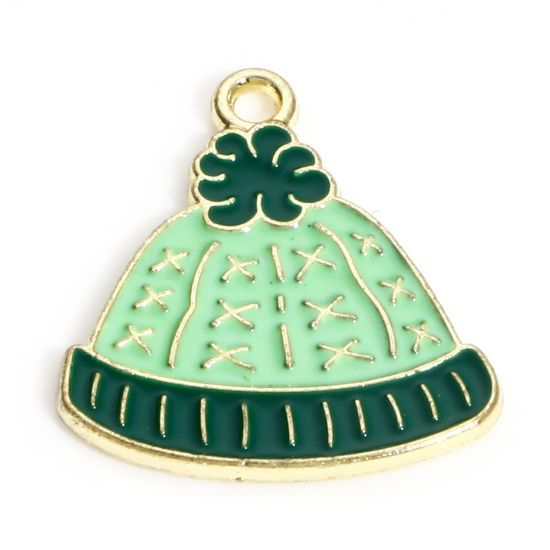Image de Breloques Noël en Alliage de Zinc Plaqué Or KC Vert Chapeau Émail 18mm x 16mm, 10 Pcs