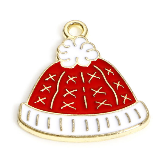 Image de Breloques Noël en Alliage de Zinc Plaqué Or KC Blanc & Rouge Chapeau Émail 18mm x 16mm, 10 Pcs