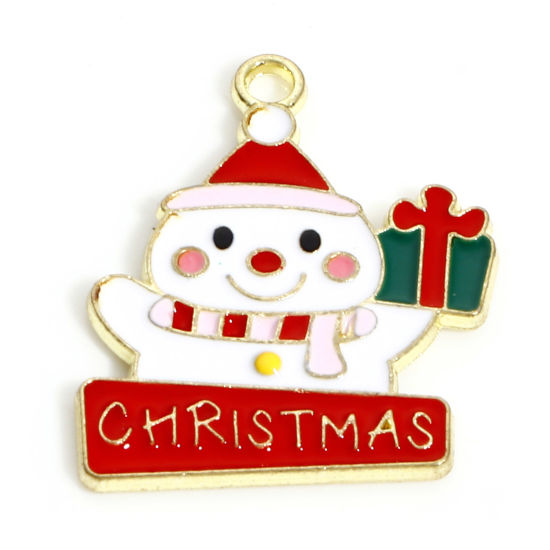 Image de Breloques Noël en Alliage de Zinc Plaqué Or KC Multicolore Bonhomme de Neige de Noël Boîte de Cadeau Émail 20mm x 17mm, 10 Pcs