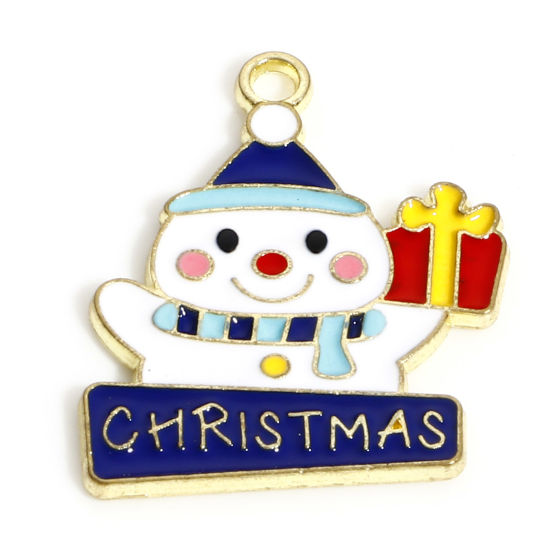 Image de Breloques Noël en Alliage de Zinc Plaqué Or KC Multicolore Bonhomme de Neige de Noël Boîte de Cadeau Émail 20mm x 17mm, 10 Pcs