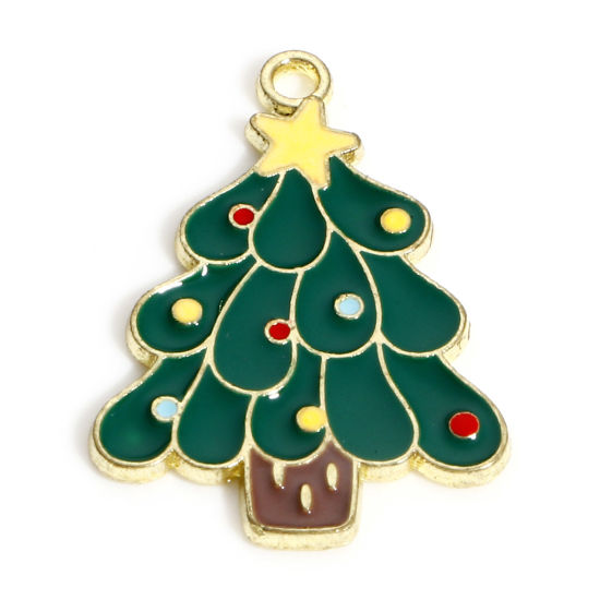 Image de Breloques Noël en Alliage de Zinc Plaqué Or KC Multicolore Pin de Noël Etoile Émail 24mm x 17mm, 10 Pcs