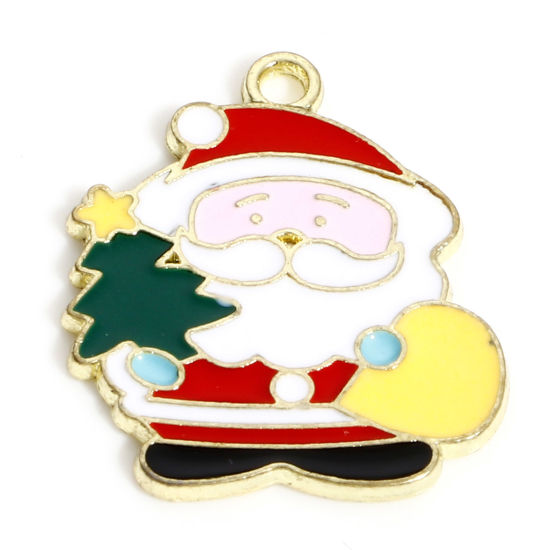 Image de Breloques Noël en Alliage de Zinc Plaqué Or KC Multicolore Père de Noël Sapin de Noël Émail 20mm x 17mm, 10 Pcs