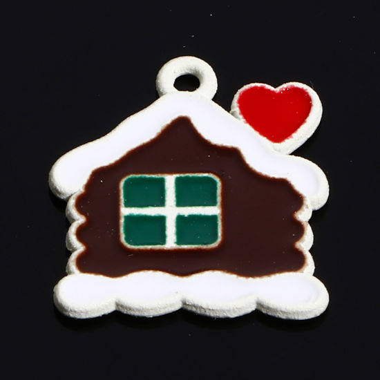 Image de Breloques Noël en Alliage de Zinc Blanc Multicolore Maison de Village de Noël Cœur Émail 17mm x 15mm, 10 Pcs