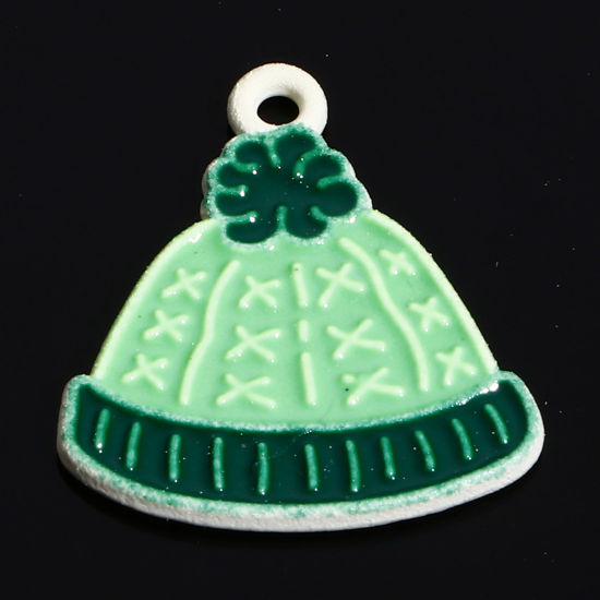 Image de Breloques Noël en Alliage de Zinc Blanc Vert Chapeau Émail 18mm x 16mm, 10 Pcs