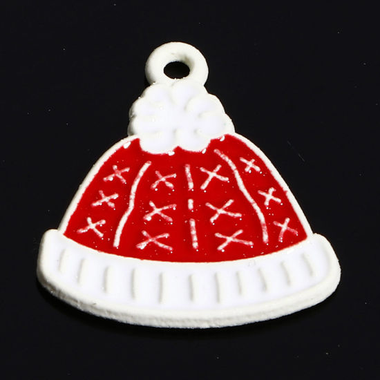Image de Breloques Noël en Alliage de Zinc Blanc Blanc & Rouge Chapeau Émail 18mm x 16mm, 10 Pcs