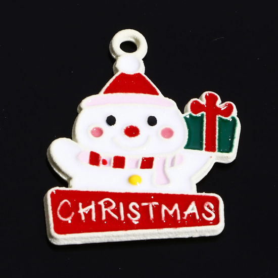 Image de Breloques Noël en Alliage de Zinc Blanc Multicolore Bonhomme de Neige de Noël Boîte de Cadeau Émail 20mm x 17mm, 10 Pcs