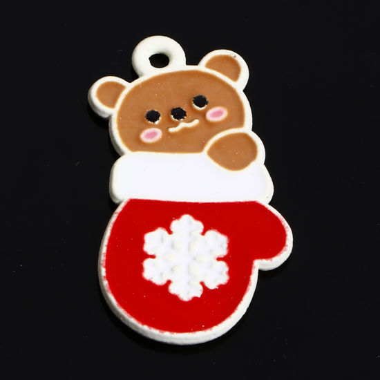 Image de Breloques Noël en Alliage de Zinc Blanc Multicolore Gants Ours Émail 26mm x 14mm, 10 Pcs