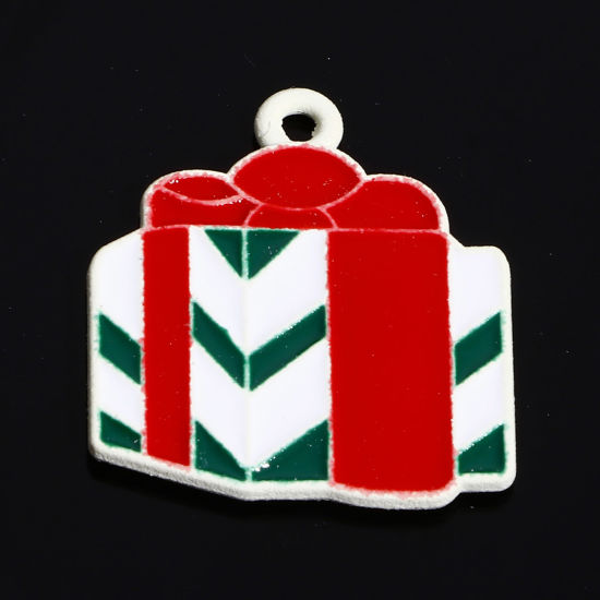 Image de Breloques Noël en Alliage de Zinc Blanc Multicolore Boîte à cadeau Émail 22mm x 19mm, 10 Pcs