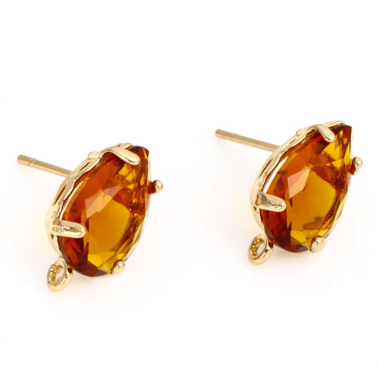 Bild von 2 Stück Messing und Glas Ohrring Ohrstecker Vergoldet Bernsteingelb Tropfen Mit Öse 14mm x 8mm, Drahtst?rke: 0.8mm(20 Gauge)