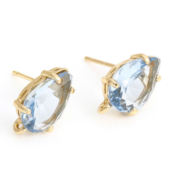 Bild von 2 Stück Messing und Glas Ohrring Ohrstecker Vergoldet Hellblau Tropfen Mit Öse 14mm x 8mm, Drahtst?rke: 0.8mm(20 Gauge)