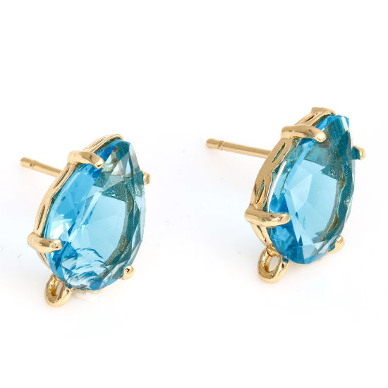 Bild von 2 Stück Messing und Glas Ohrring Ohrstecker Vergoldet Cyan Tropfen Mit Öse 14mm x 8mm, Drahtst?rke: 0.8mm(20 Gauge)
